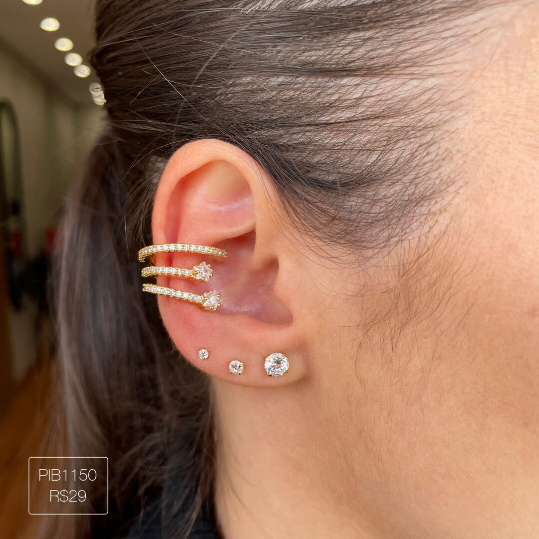 Piercing Fake 3 Fios Cravejados + 2 Zirc Cristal Dourado